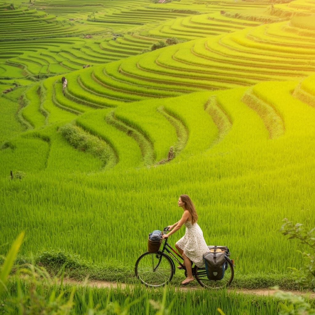 Woman on Bicycle in Vietnam Rice Fields