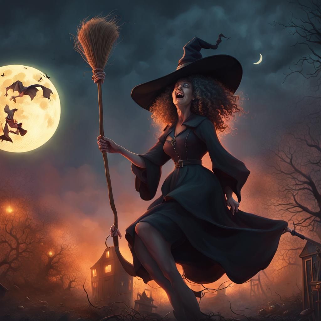 Witch Soaring Over Moon in Digital Painting Style