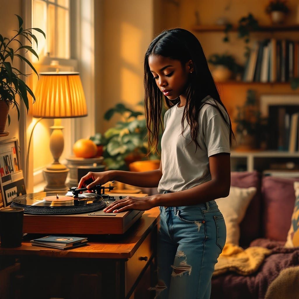 Girl with Vinyl Player in 70s Style