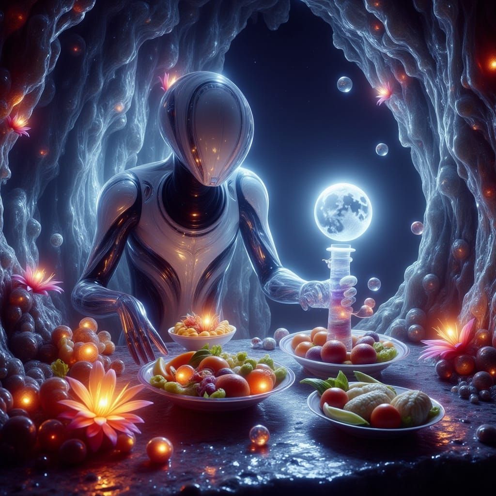 Astronaut Explores Alien Cave with Magical Meal