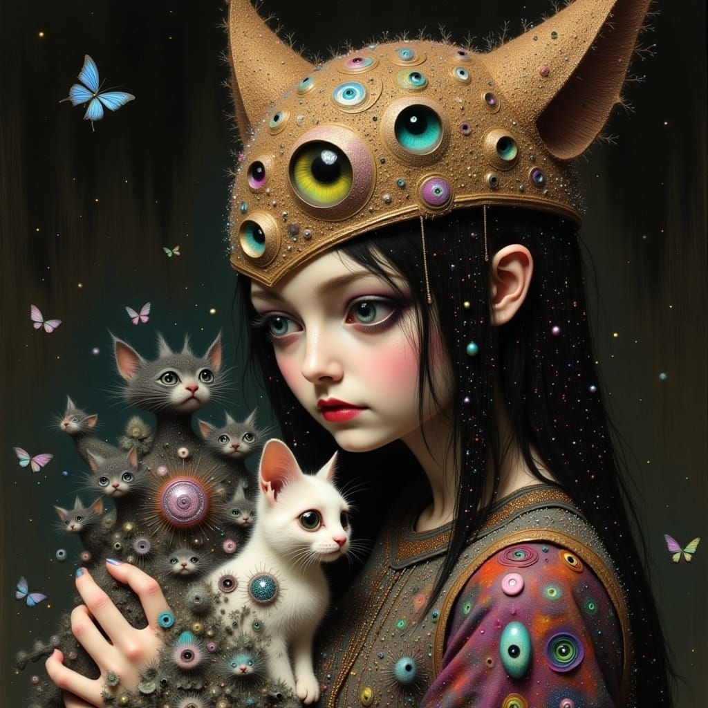 Whimsical Woman Among Fantastical Felines in a Dreamlike Atm...