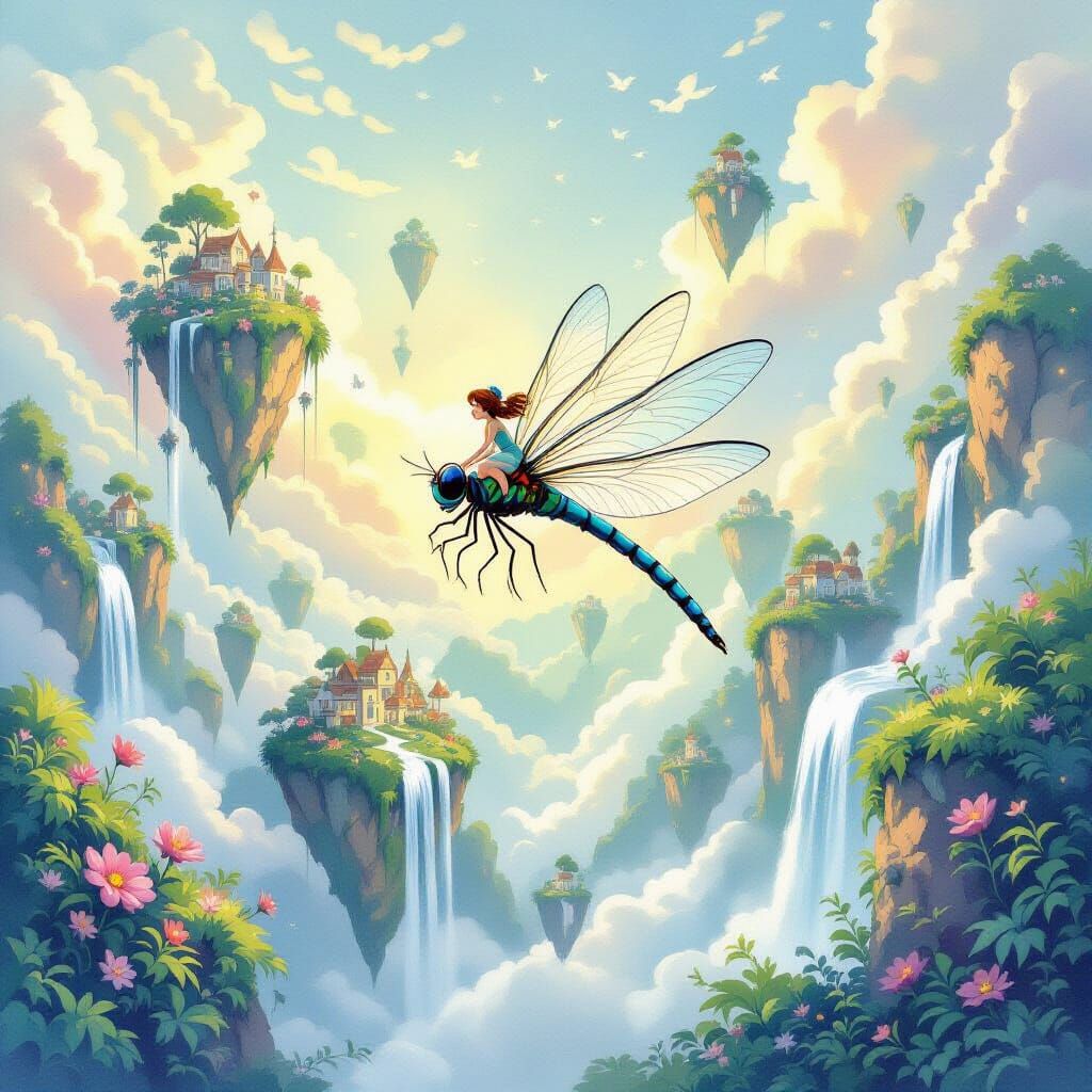 Fairy Riding Dragonfly Through Floating Islands, Watercolor ...