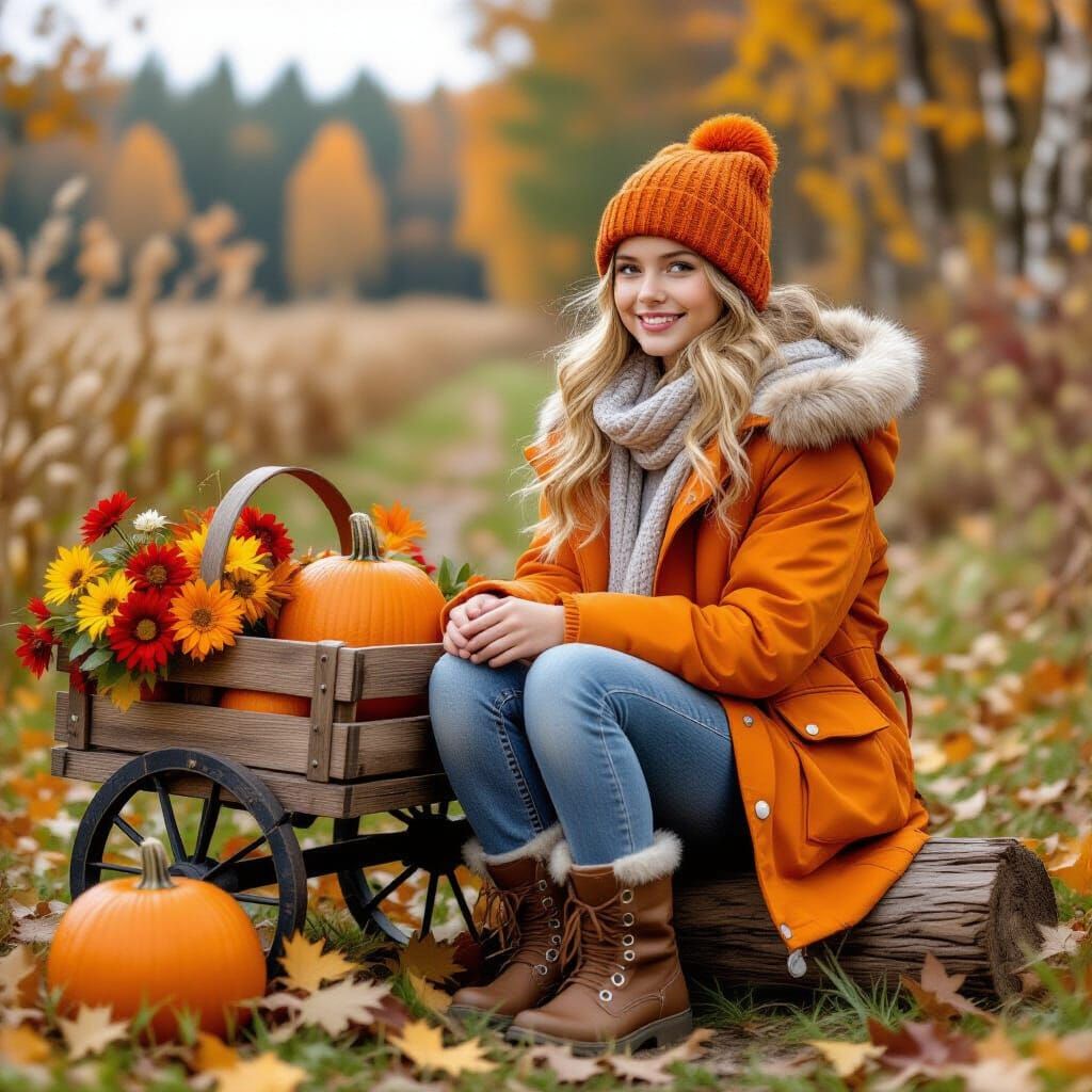 Girl with Dog in Autumn Landscape, Photorealistic Style