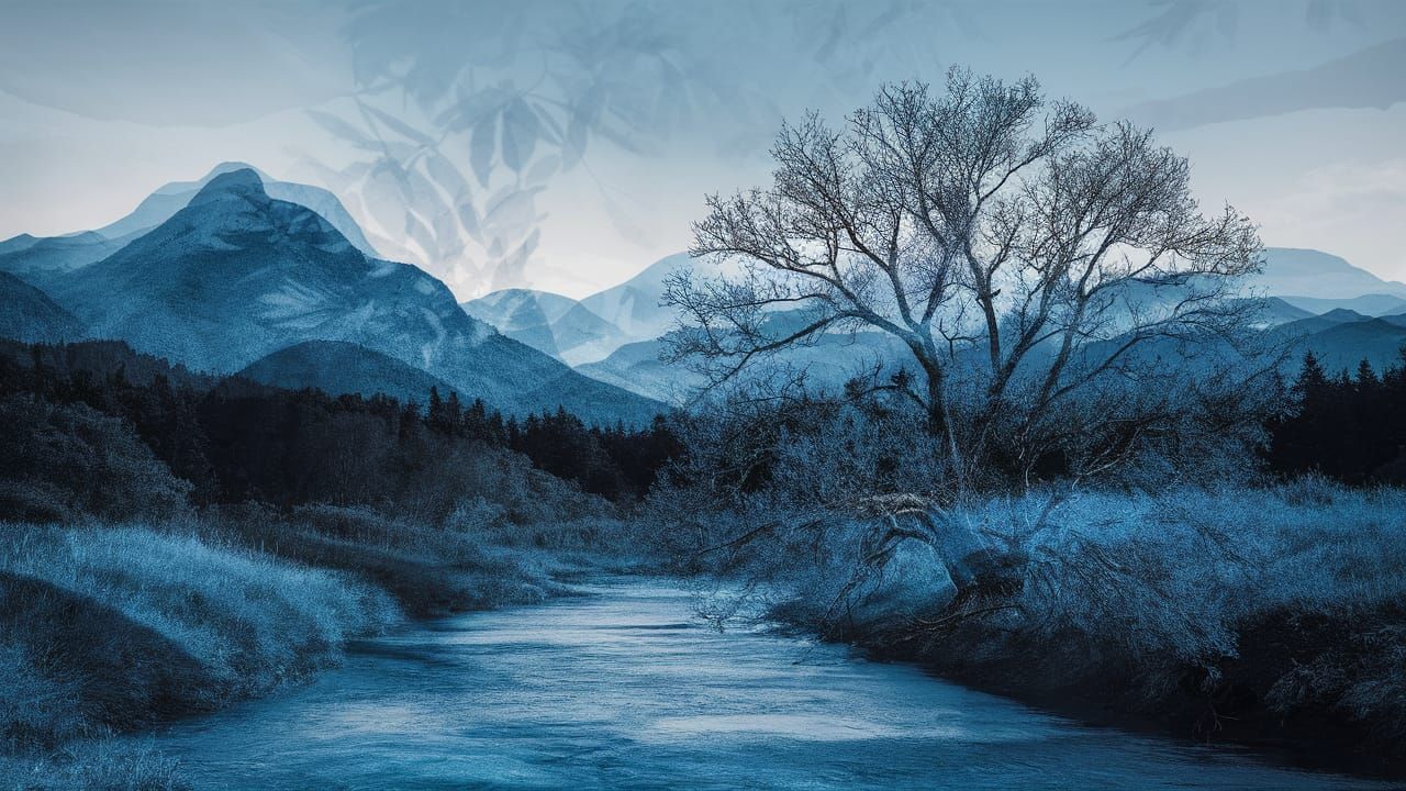 Ethereal Blue Landscape in Double Exposure Style