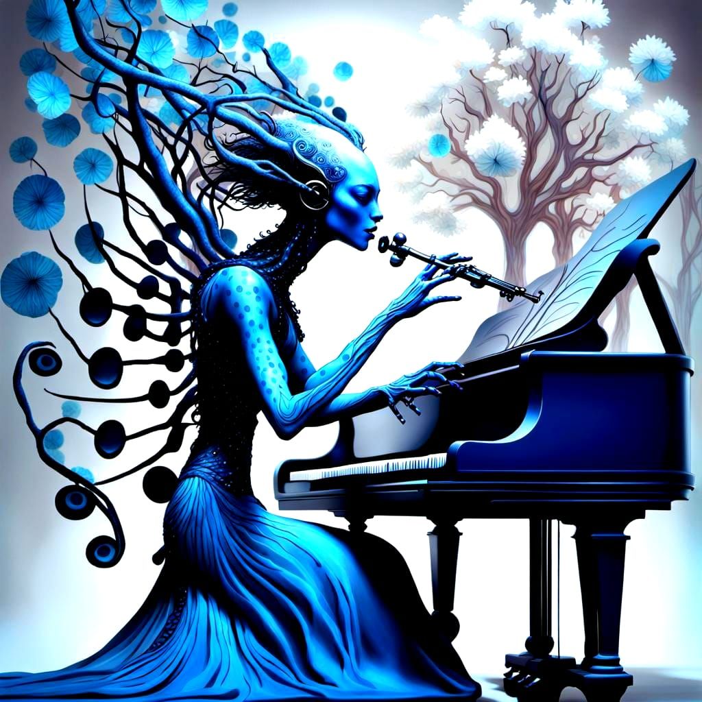 Alien Druid Plays Piano in Postmodern Digital Art