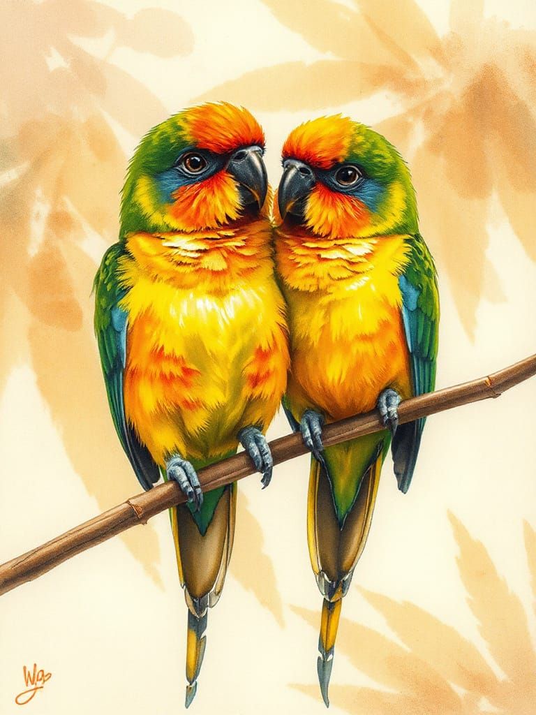 Lovebirds on Bamboo in Stylized Watercolour