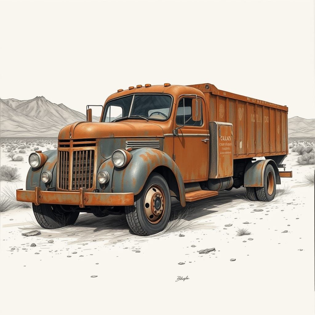 Old Rusty Truck in Charcoal Drawing Style