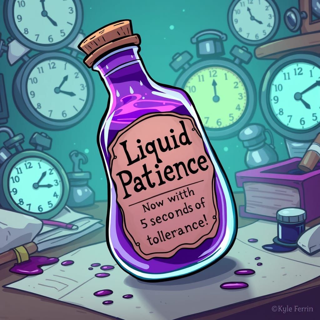 A magical potion bottle labeled "Liquid Patience – Now with 5 extra seconds of tolerance!"
