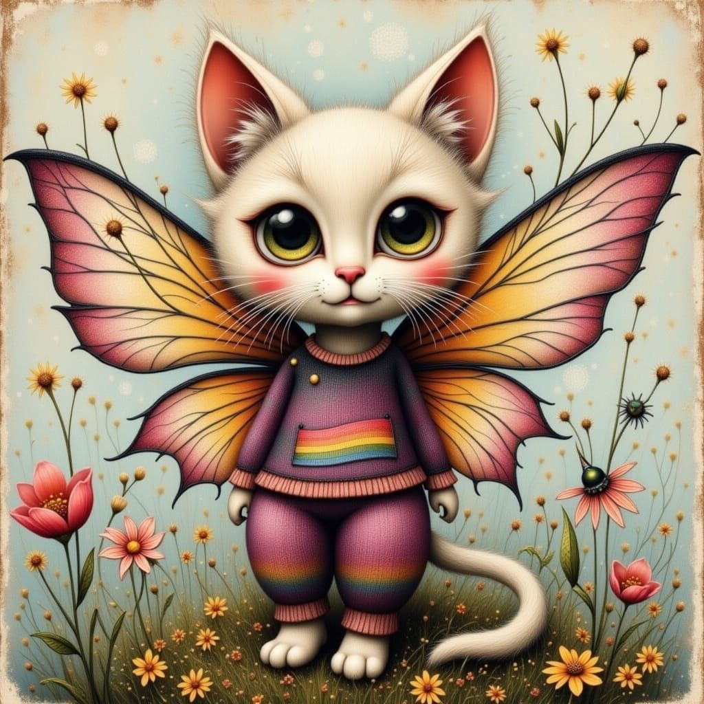 Rainbow Cat Fairy with Queer Flag in Risoprint Style