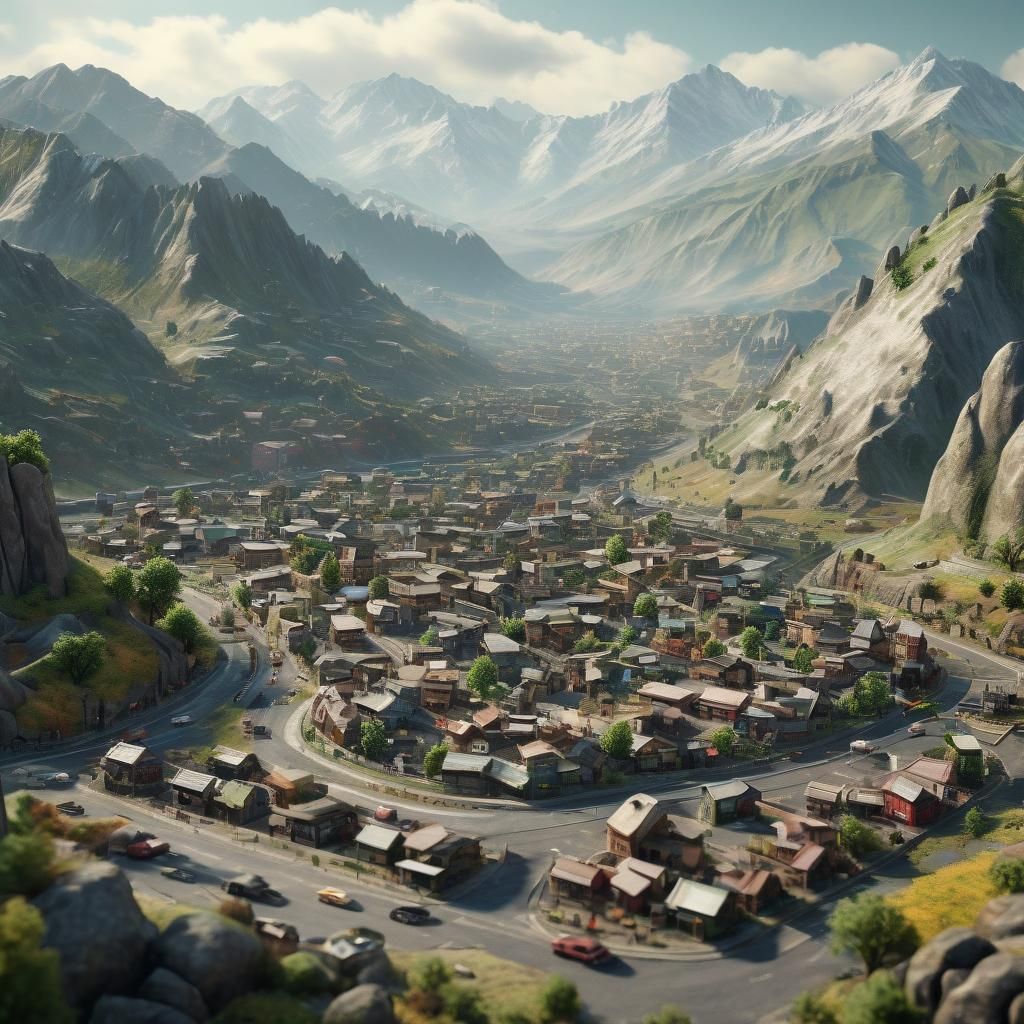 Hyperrealistic 3D Diorama of Valley Town and City