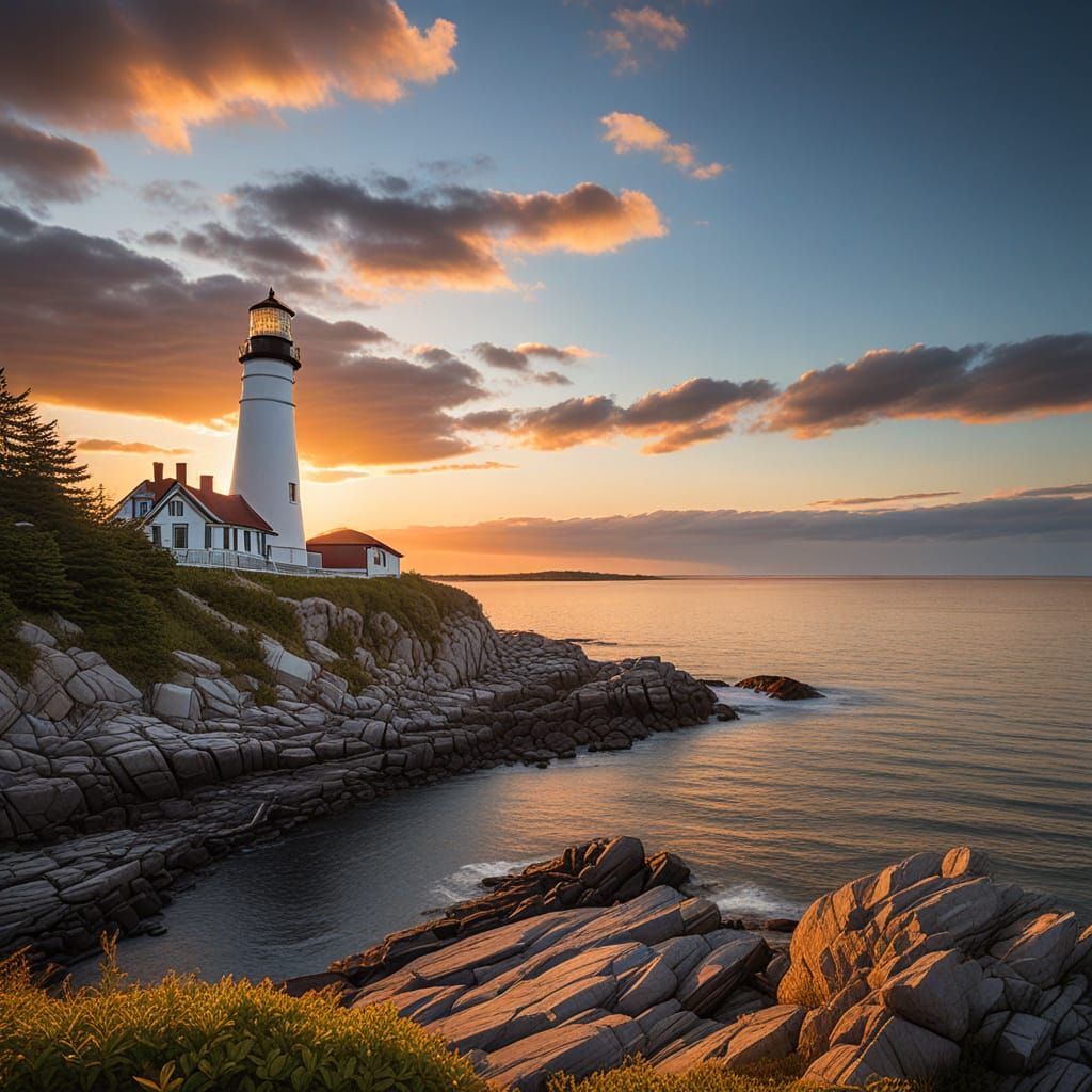 Cape Elizabeth Lighthouse Sunset Landscape Photography
