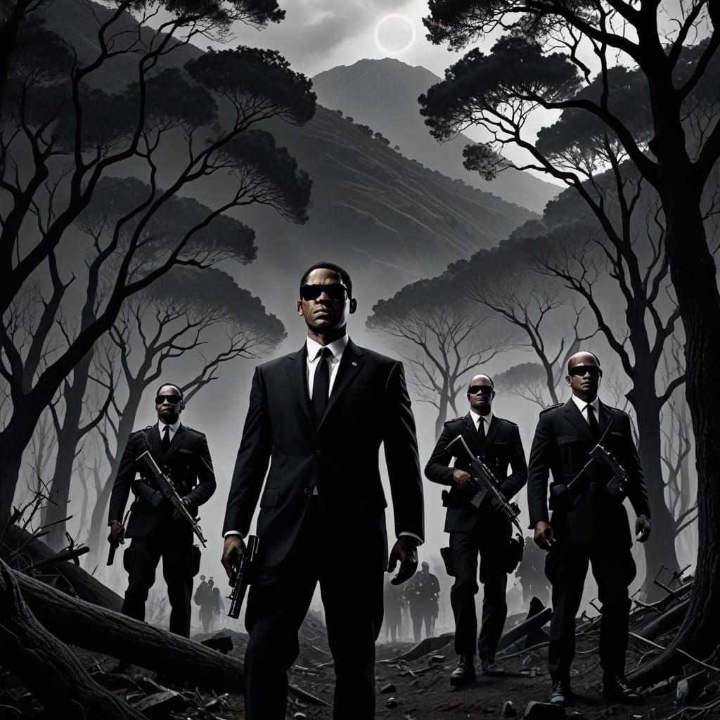 Men in Black Army in Shadowy Woodland