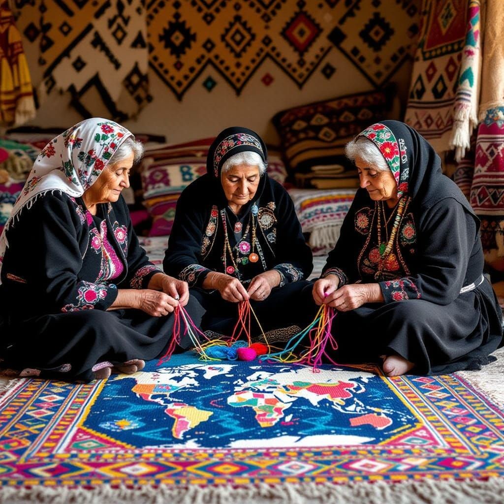 Three Elderly Greek Women Weave Traditional Carpet in Folk A...