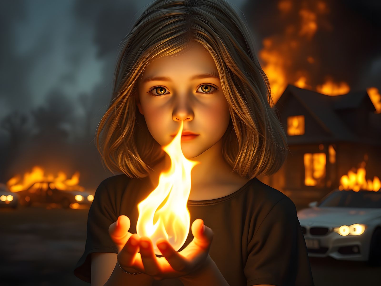 Girl Controls Fire in Apocalyptic Landscape
