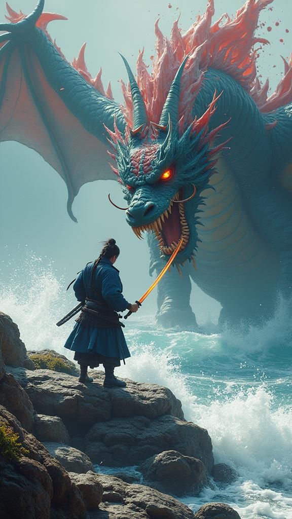 Samurai vs Dragon: Epic Battle in Street Art Style