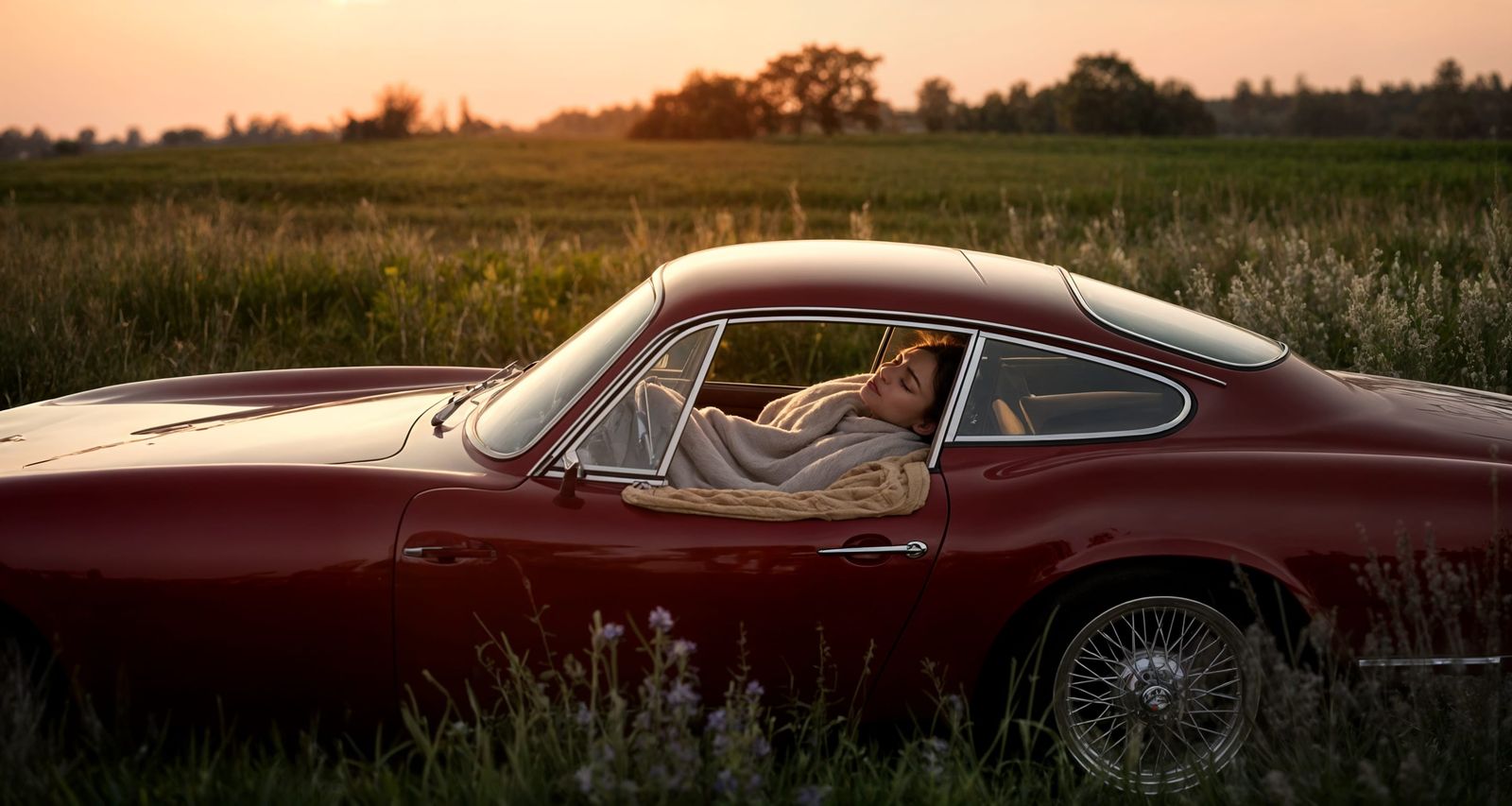 Vintage Red Sports Car at Sunset