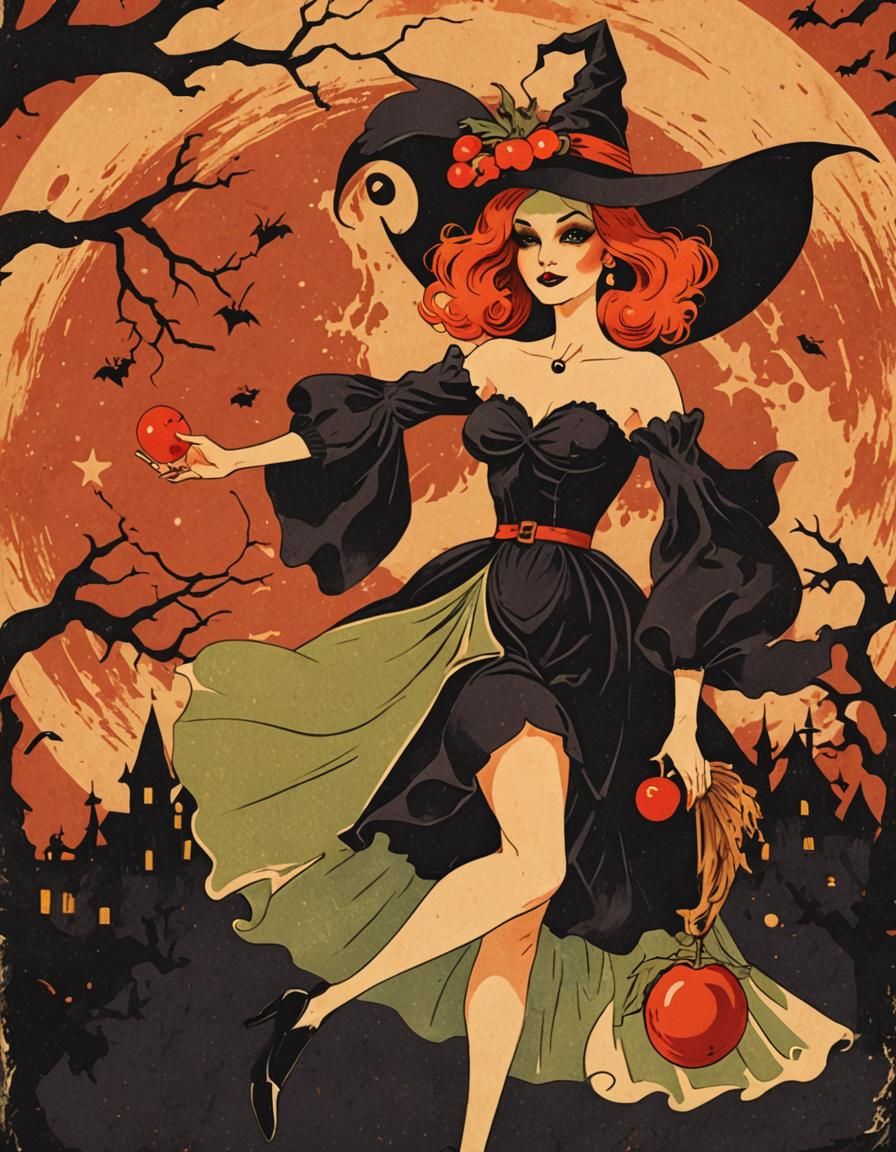 Retro Halloween Party Invitation With Witch and Cherry Moon
