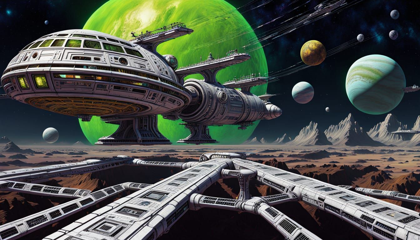 Steampunk Starship Orbiting Alien Planet as Oil Painting