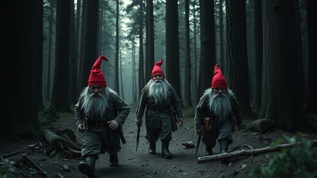 Gnomes Flee Through Dark Forest in Cinematic Style