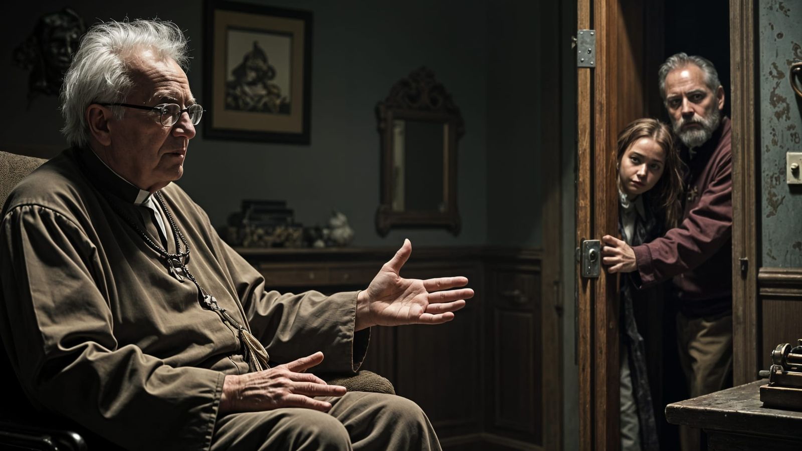 Sinister Scene with Priest Explaining Entities