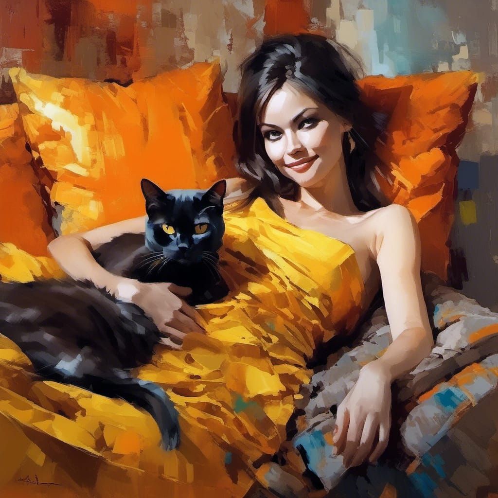 Burmese Cat with Woman in Expressive Style