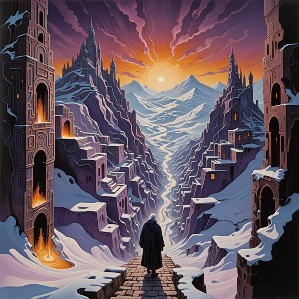 Mysterious Monk Navigates the Labyrinthine Maze in Earth Ton...