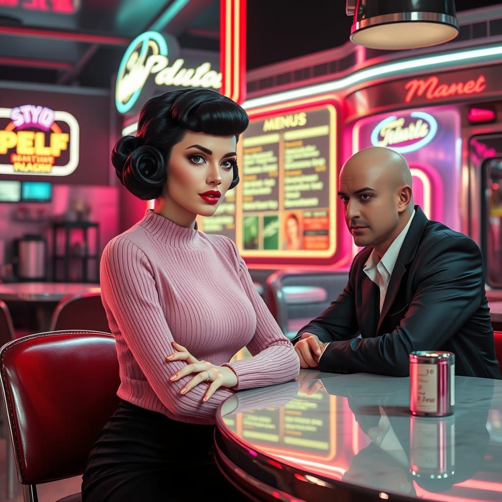 Retro-Futuristic Diner Scene with Victory Rolls, in Dark Sci...