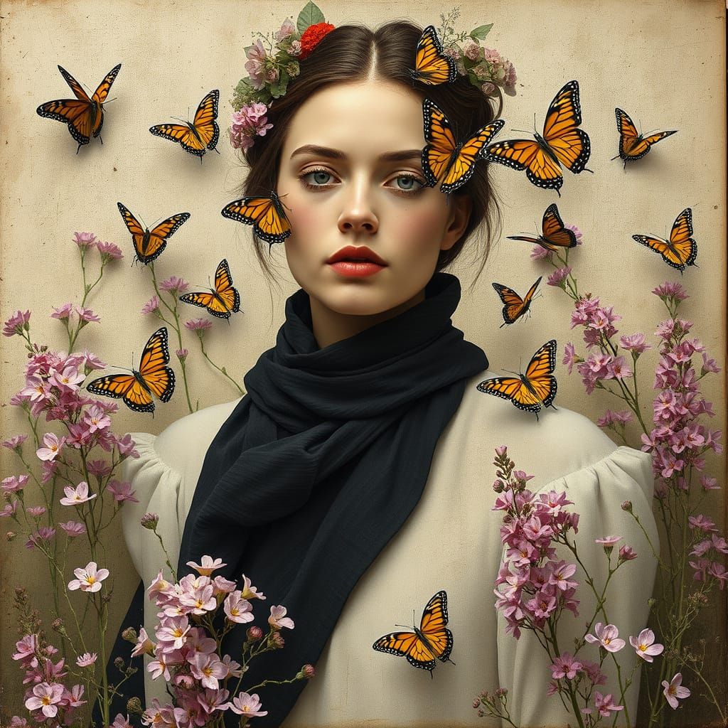 Woman Surrounded by Flowers and Butterflies in Arte Povera S...