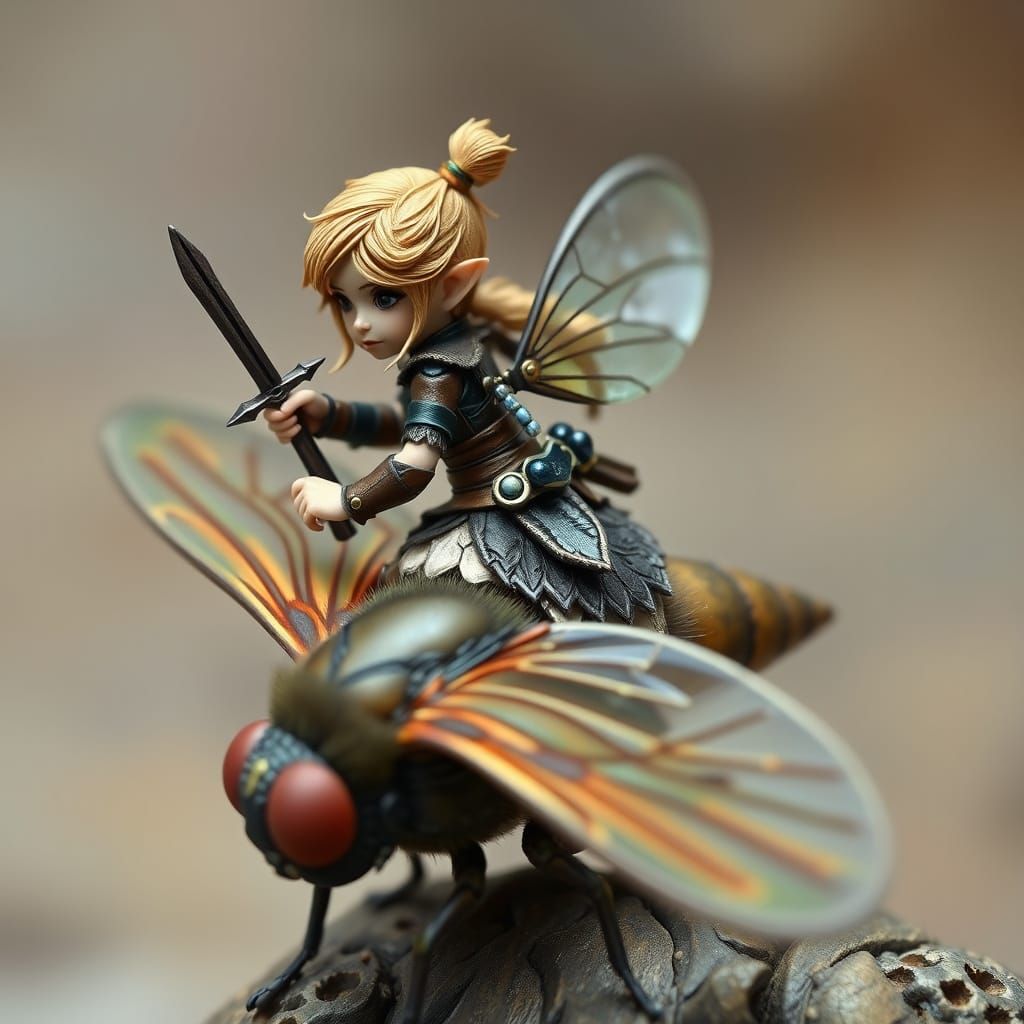 Elf Warrior Rides Fly in Whimsical Fantasy Art