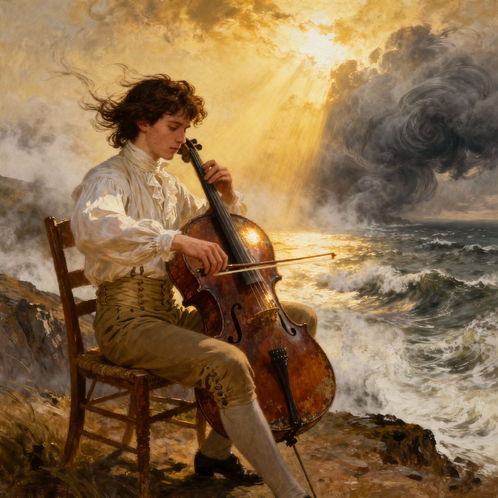 Gentleman Plays Cello on Windswept Cliff