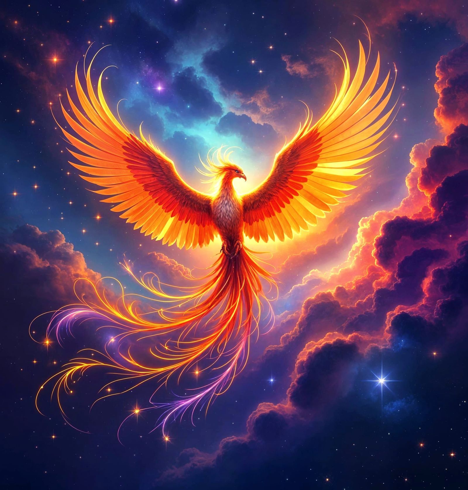 Phoenix Rises From Cosmic Nebula in Fantasy Illustration