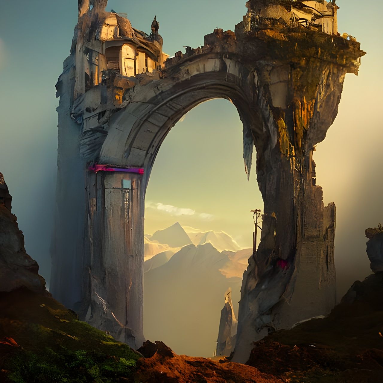 A huge house shaped like The arch of triumph with windows spans a huge chasm between two steep cliffs. detailed matte pa...
