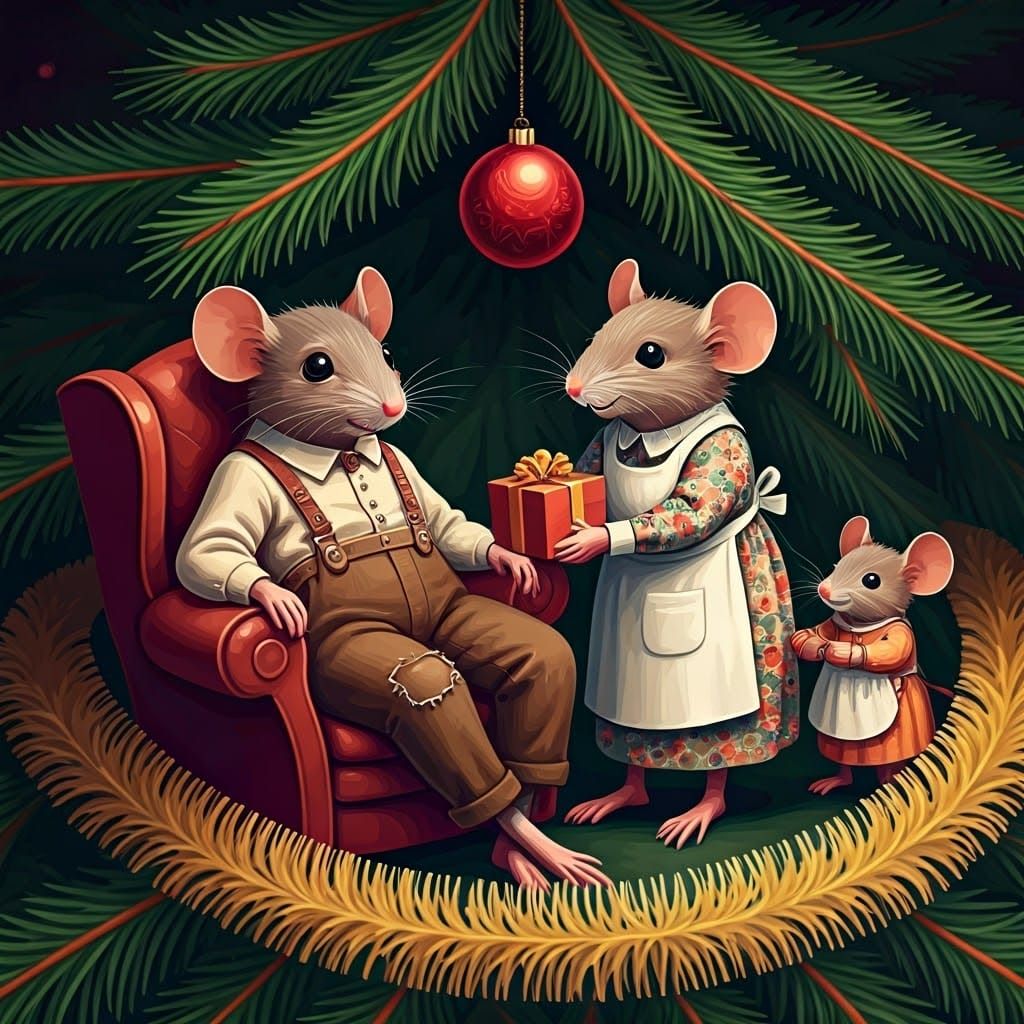 Whimsical Mouse Family Celebrates Christmas in Vibrant Abstr...