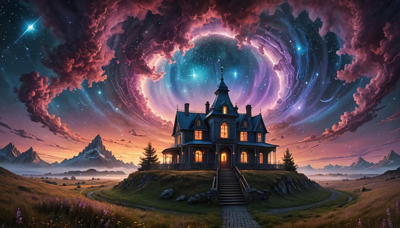 Celestial Gate in Starry Sky: Surreal Digital Art