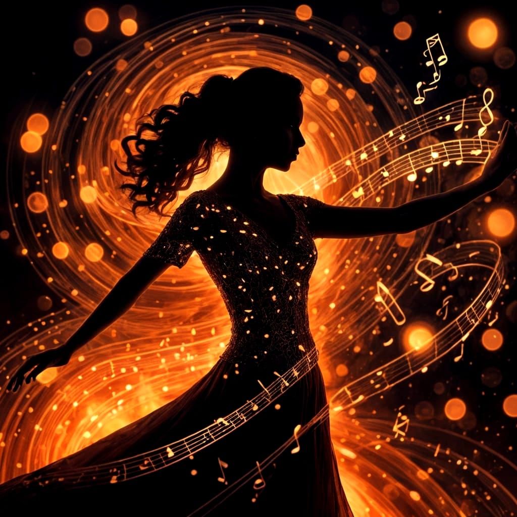 Flamenco Dancer Silhouette with Glowing Musical Notation