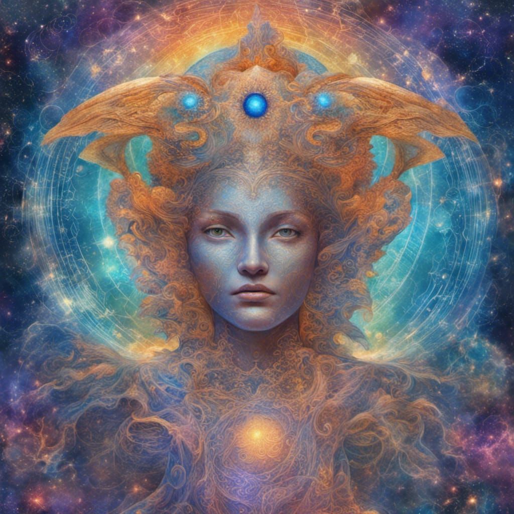 Holographic Astral Guardian in Pablo Amaringo Style