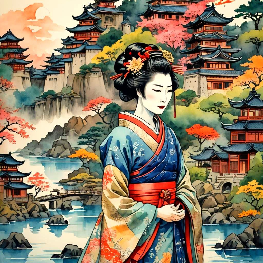Geisha by Castle: Ancient Japan Watercolor Woodcut