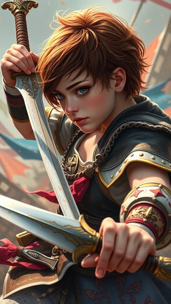 Auburn-Haired Warrior Princess in Battle, Hyperrealistic Spl...