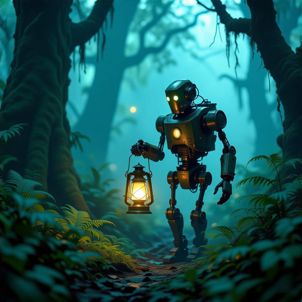 Automaton in Bioluminescent Forest: Matte Painting