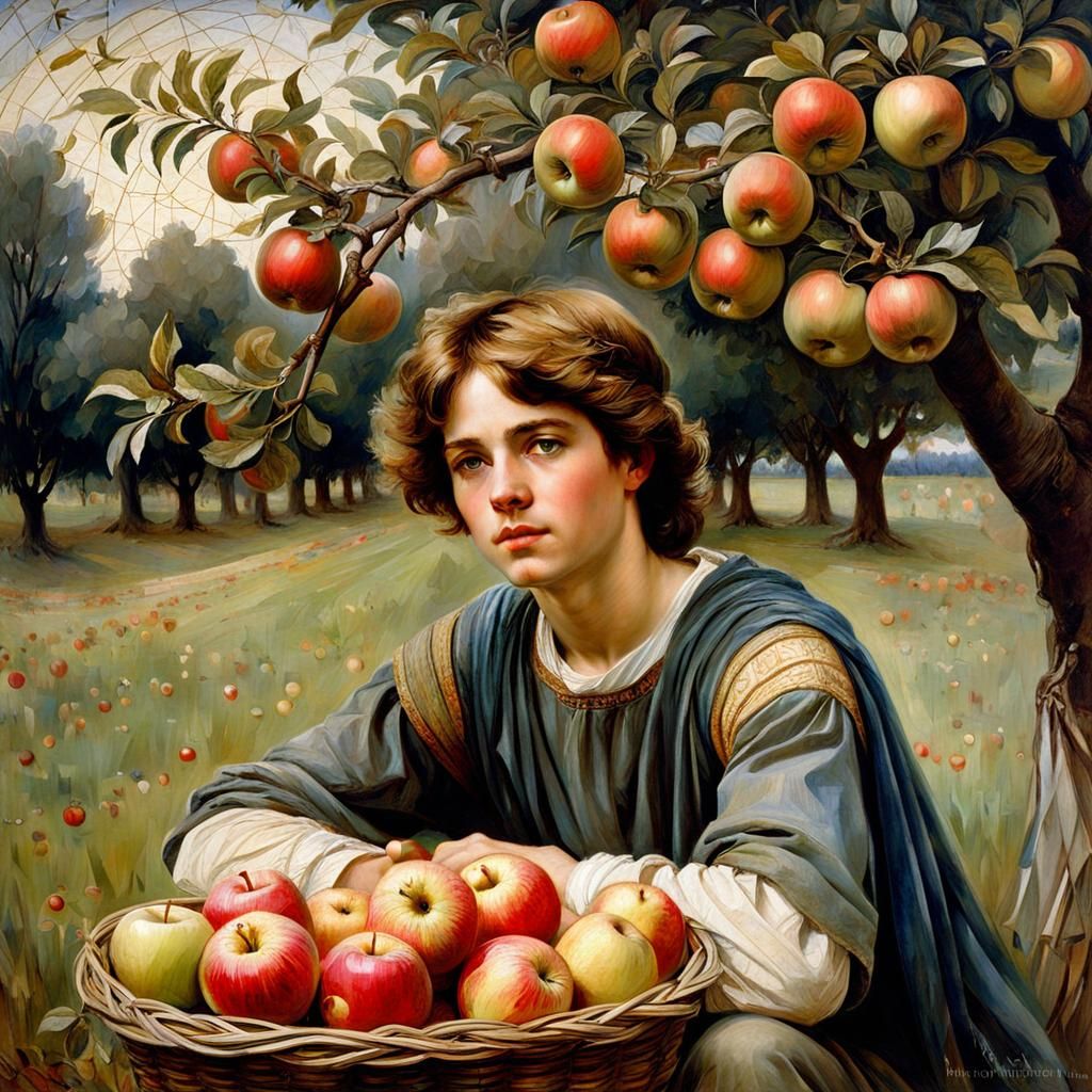 Medieval Boy in Orchard: A Mosaic-Style Harvest