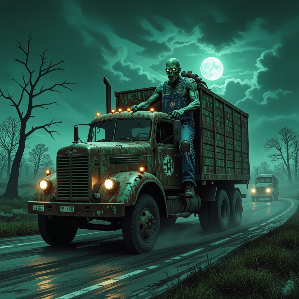 Eldritch Truck Driver in Lovecraftian Landscape