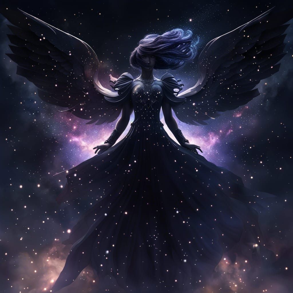 Celestial Black Angel Ascending Through Galaxy