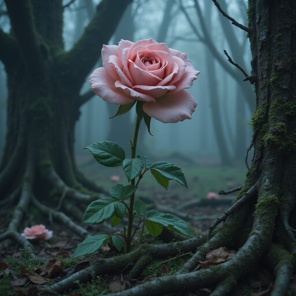 Fantasy Rose Blooms in Whimsical Dark Forest