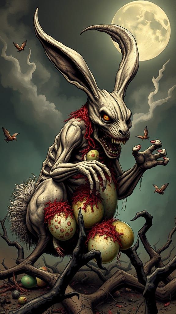 Grotesque Demon Easter Bunny Births Decay in a Hellish Abyss
