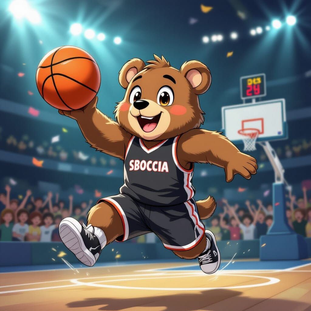Happy Anime Bear Dunking Basketball in Dynamic Style