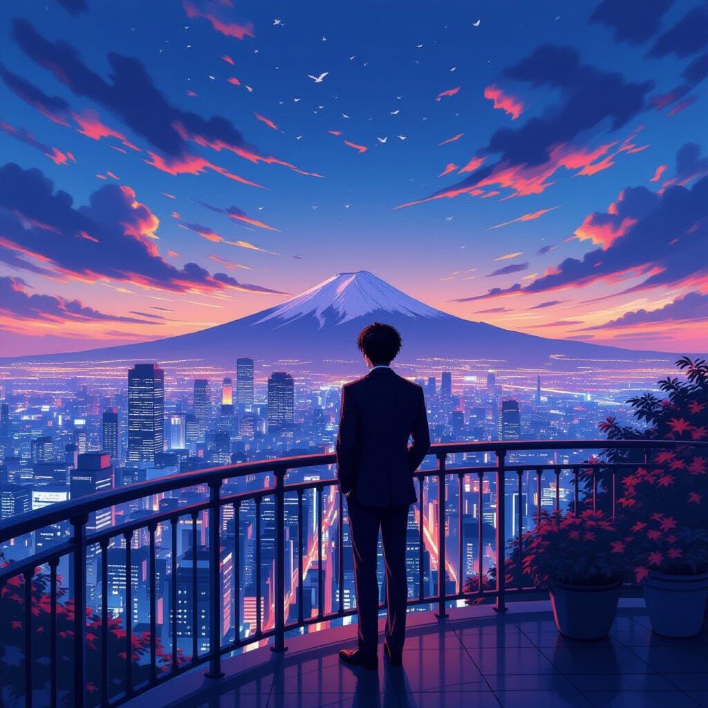 Dramatic Anime Man Observes from Balcony in Digital Art