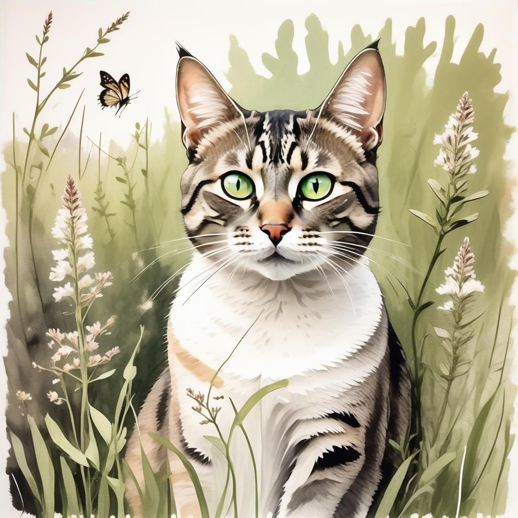 Abstract Painting of Tabby Cat in Wildflower Meadow