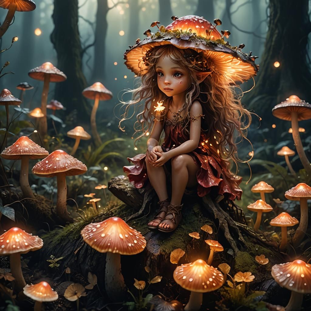 Anxious Fire Fairy on Mushroom, Macro Photography