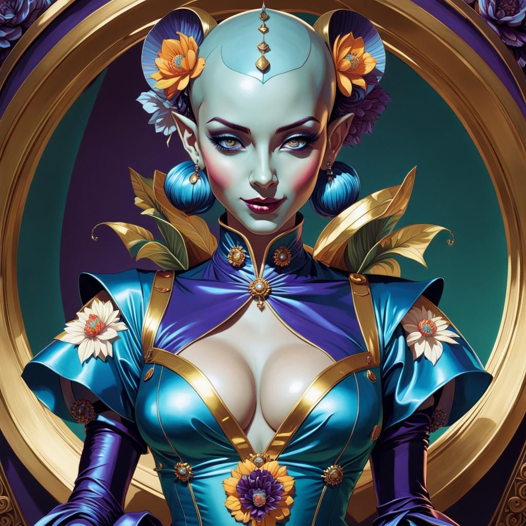 Blue Goblin Warlock Girl Portrait in Art Nouveau Style