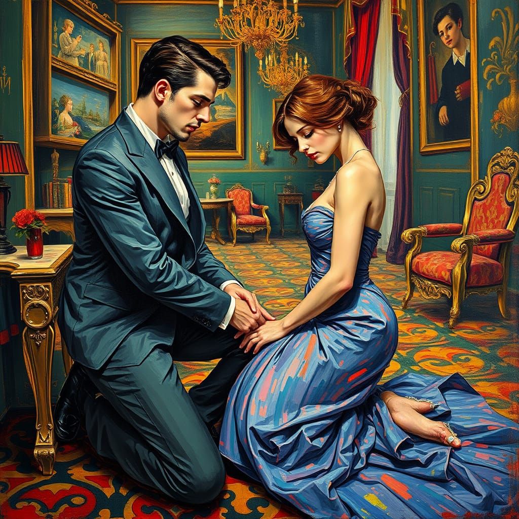 Elegant Woman Kneeling in Lavish Interior